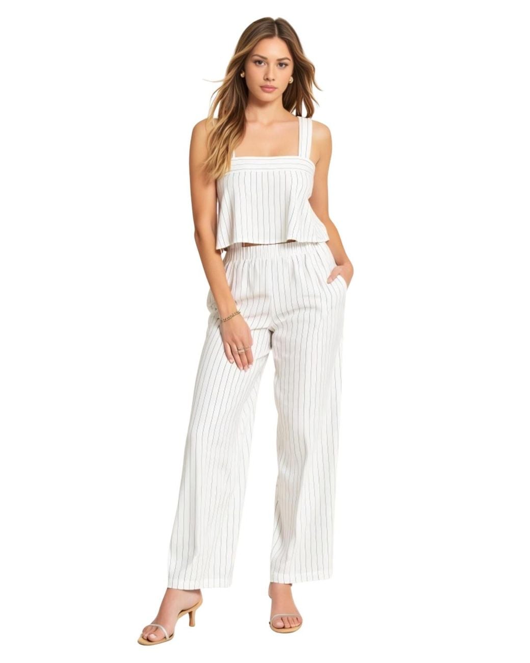 Modenaire White Striped Open Back Two-piece Set