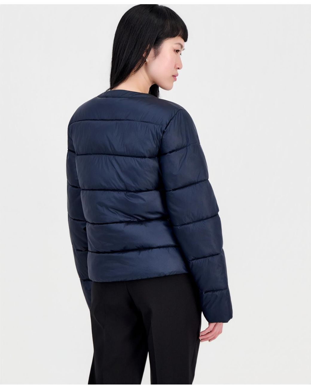 Cece Blue Short Quilted Puffer Collarless Jacket