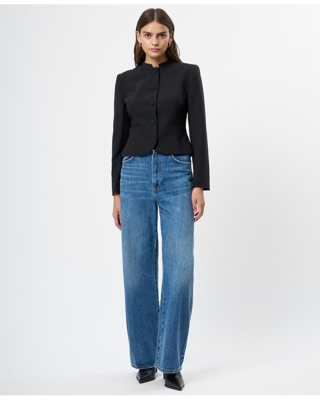 French Connection Blue Round Neck Button Down Jacket