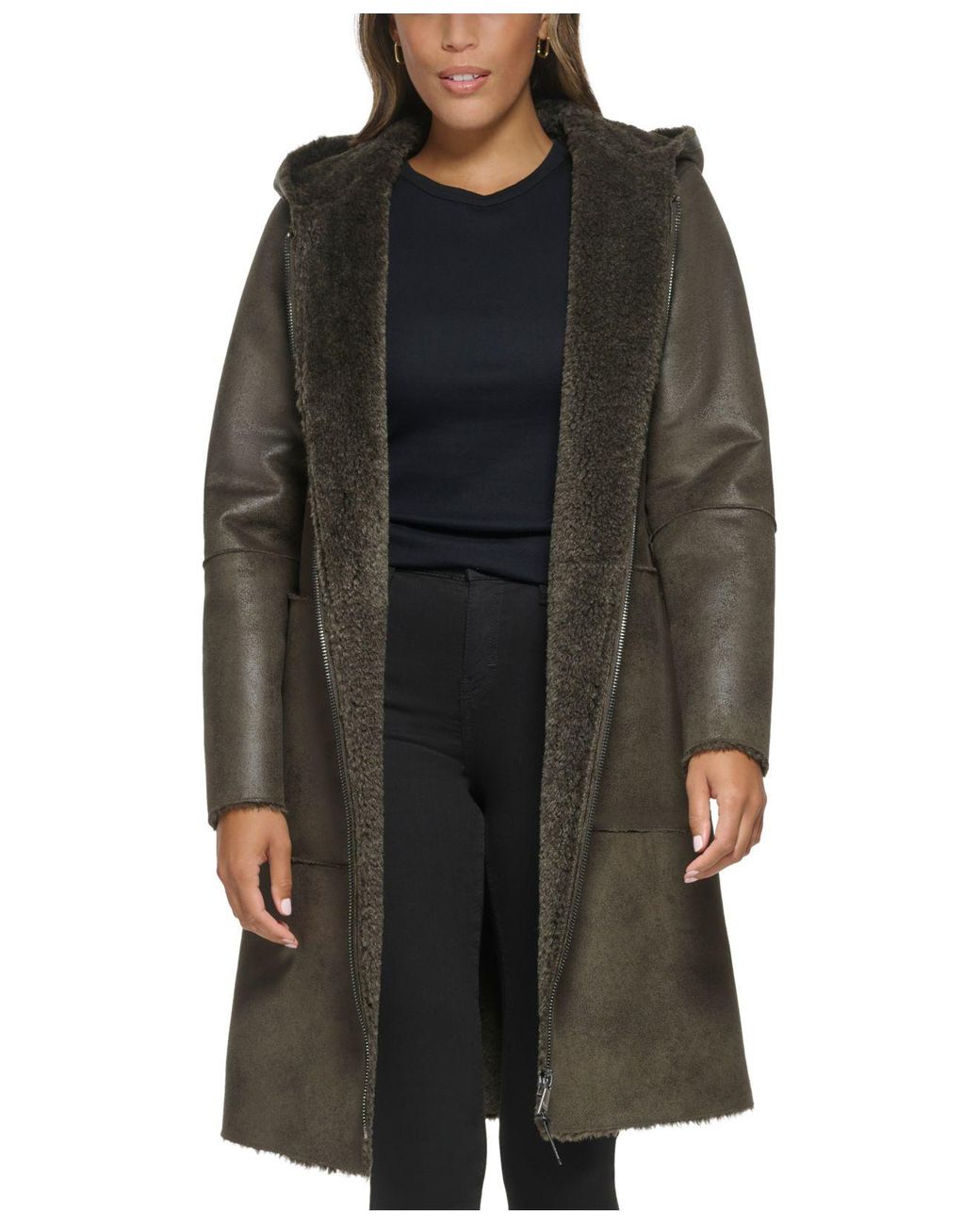 DKNY Hooded Fauxshearling Coat in Black Lyst