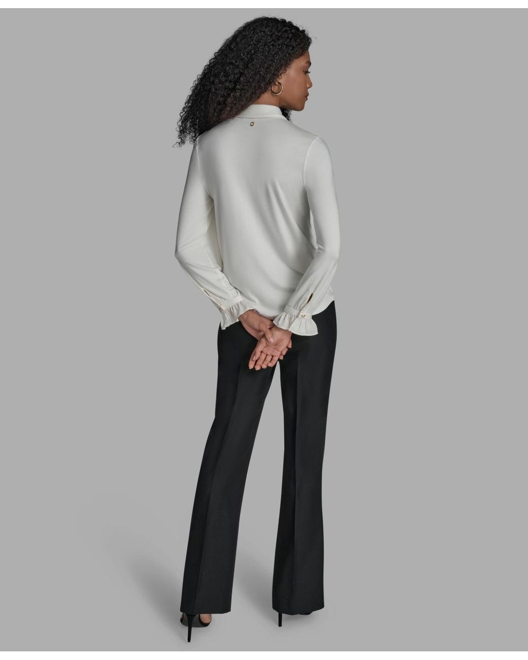 BCBGMAXAZRIA Gray Button Down Ruffle Front Blouse