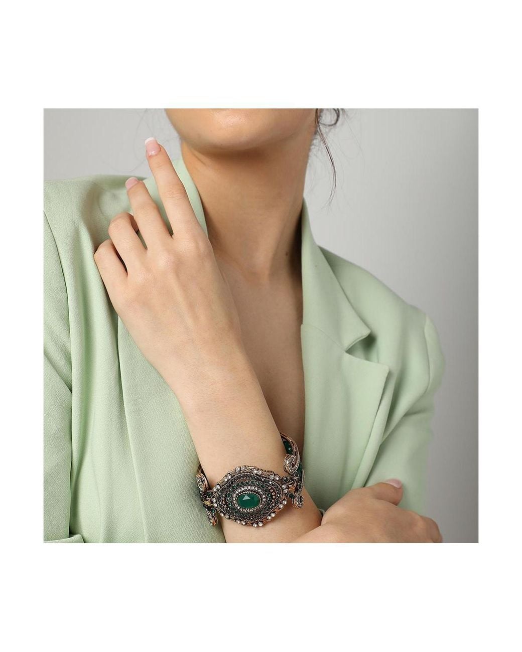 SOH Green Embellished Statement Bracelet