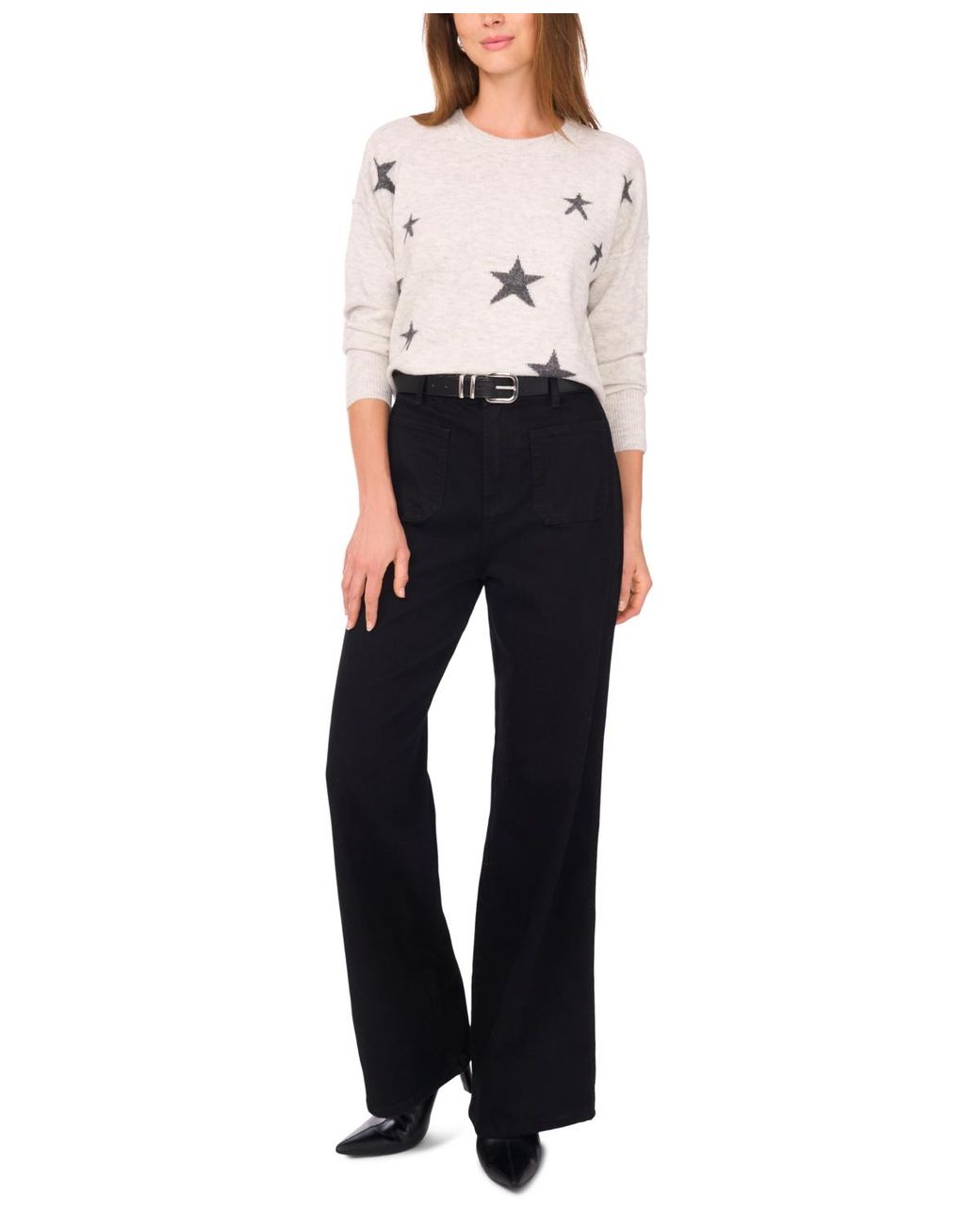 Vince Camuto White Cozy Crewneck Star-print Dropped-shoulder Sweater
