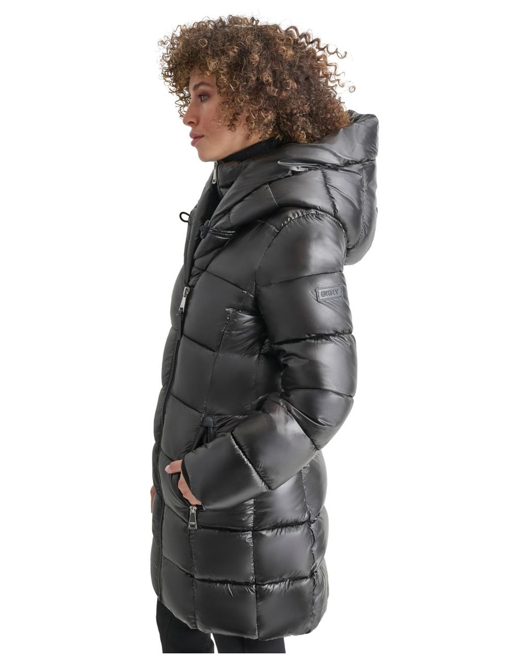 DKNY Bibbed Shawl-collar Packable Shine Puffer Coat in Black DKNY Bibbed Shawl-collar Packable Shine Puffer Coat in Black
