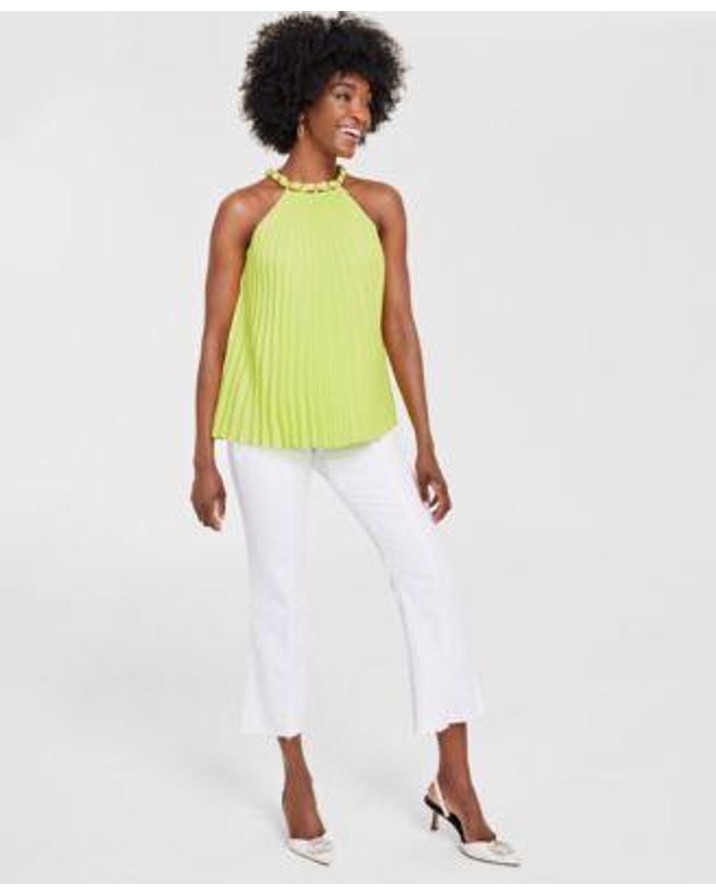INC International Concepts Chain Halter Top Pull On Flared Cropped Jeans  Pointed Toe Slingback Pumps Created For Macys in White