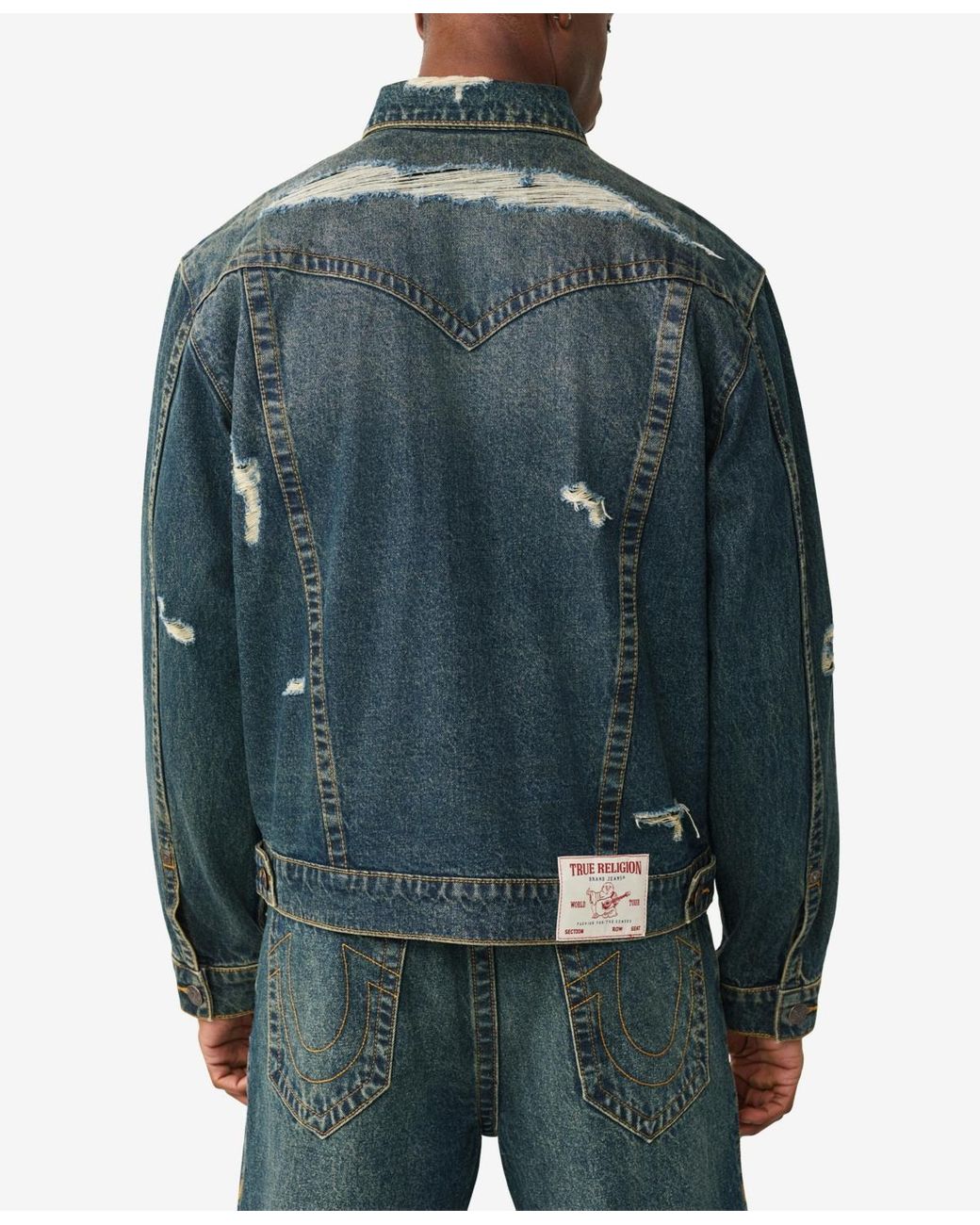 True Religion Blue Collared Destroyed Oversized Jacket for men