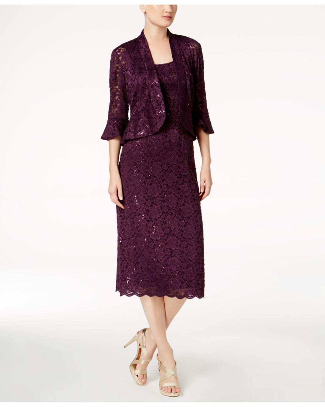 R & M Richards Sequined Lace Midi Dress And Jacket in Plum (Purple) - Lyst