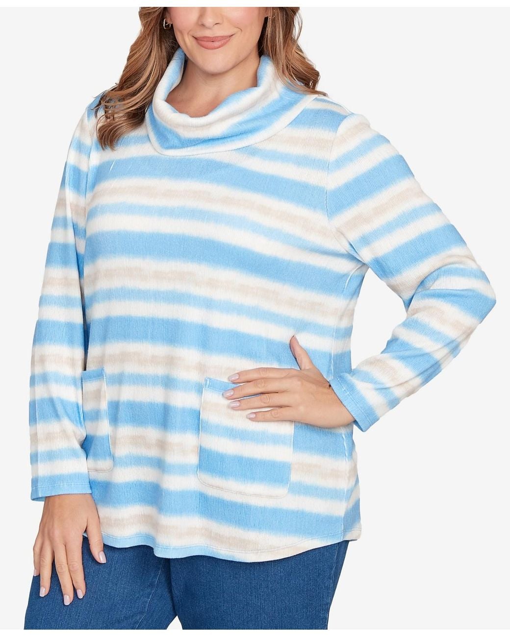 Ruby Rd Blue Plus Size Ribbed Stripe Patch Pocket Knit Top