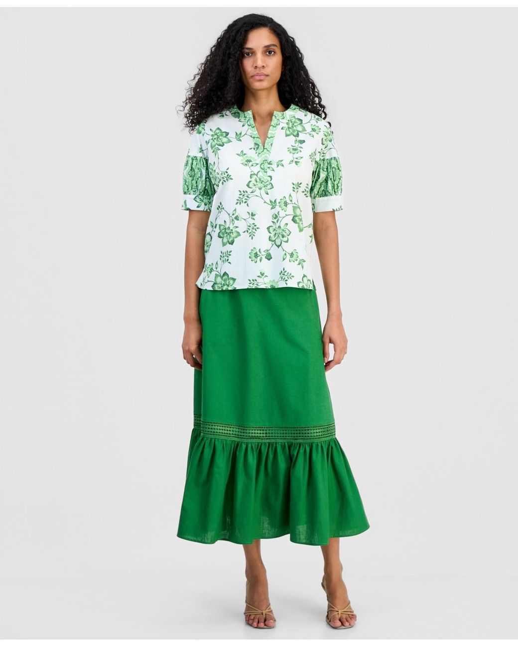 Tahari Green Split-neck Puffed-sleeve Top