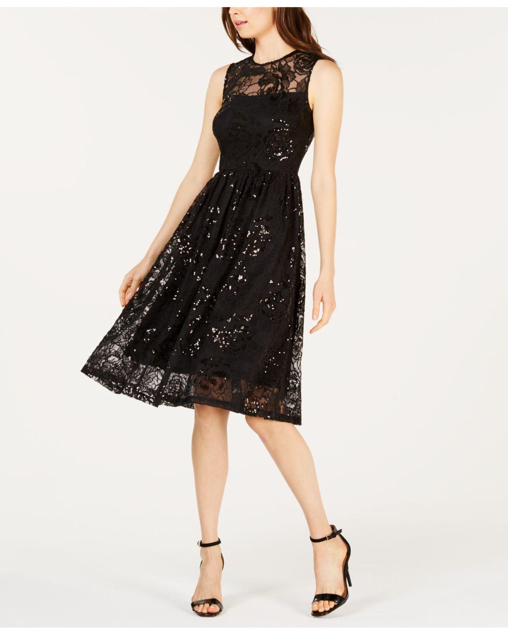 black sequin fit and flare dress