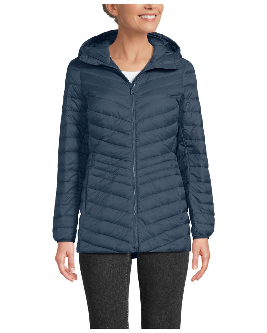 Lands' End Blue Wanderweight Packable Down Hooded Long Jacket