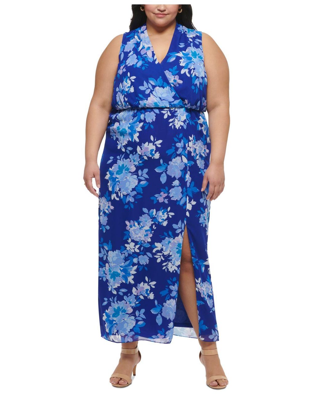 Jessica Howard Plus Size Floral-print Chiffon Maxi Dress in Blue | Lyst