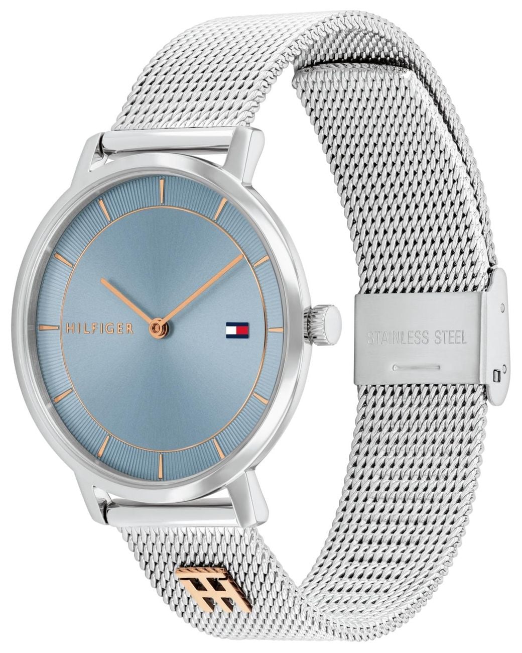 Tommy Hilfiger Blue Quartz -tone Stainless Steel And Carnation Gold Steel Mesh Bracelet Watch 35mm