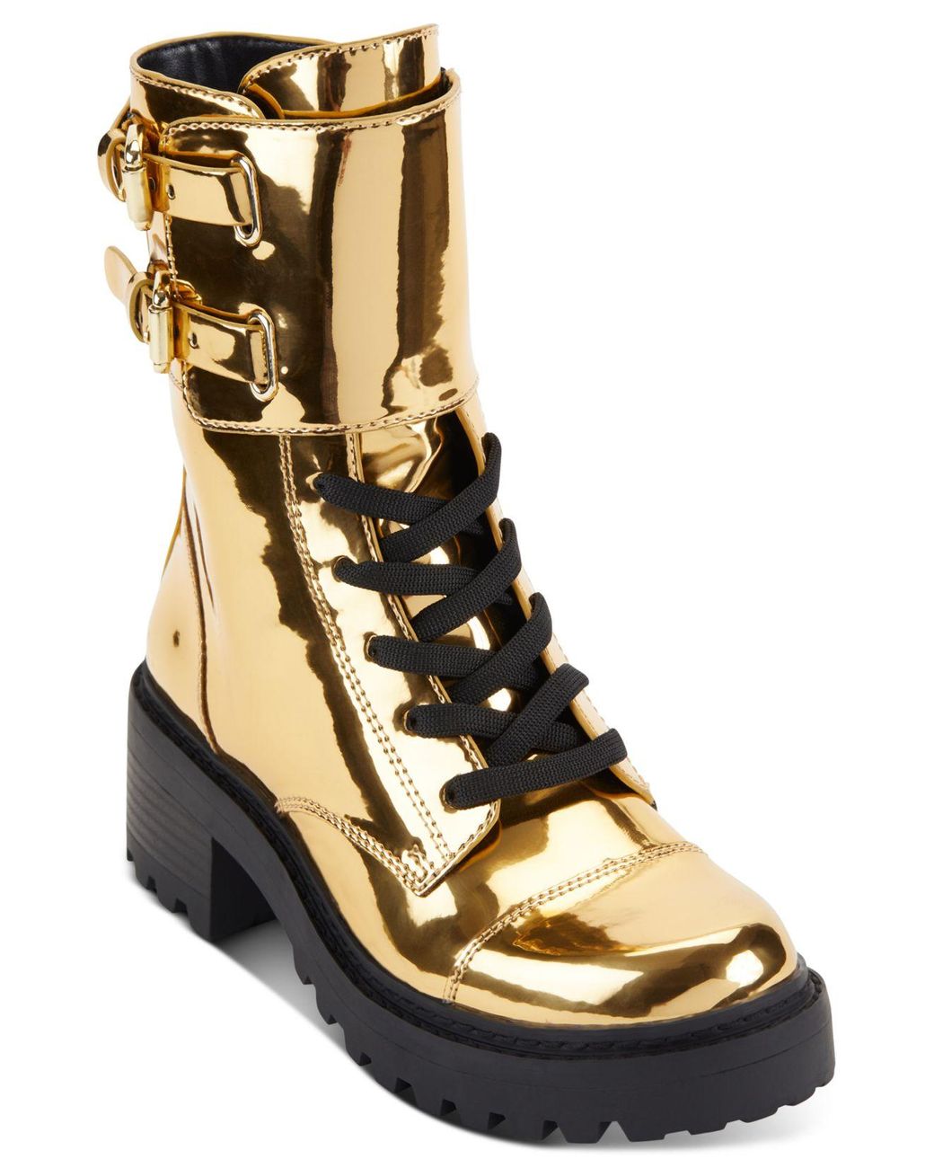 DKNY Leather Bart Laceup Buckled Lug Sole Booties in Dark Gold