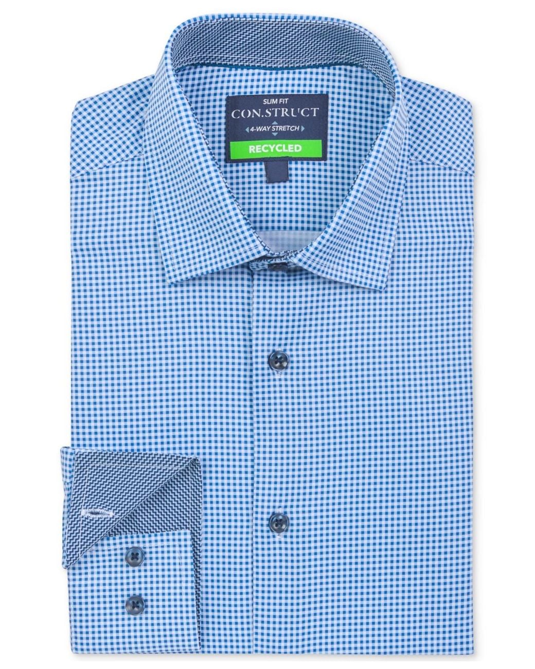 Con.struct Blue Recycled Slim Fit Gingham Performance Stretch Cooling Comfort Dress Shirt for men