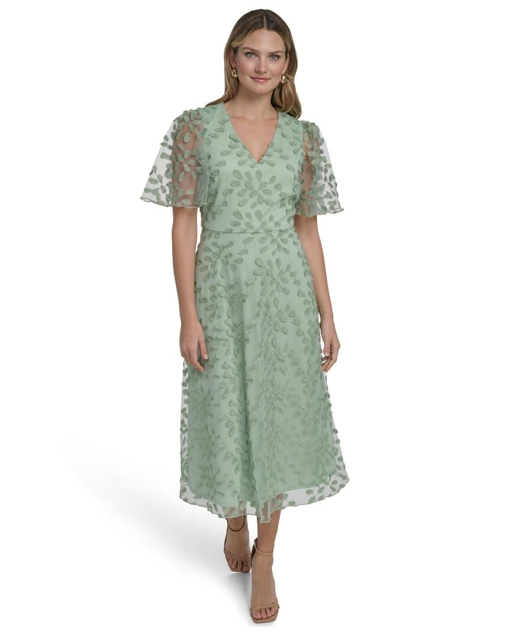 Jessica Howard Petite Flutter-sleeve V-neck Midi Dress in Green | Lyst