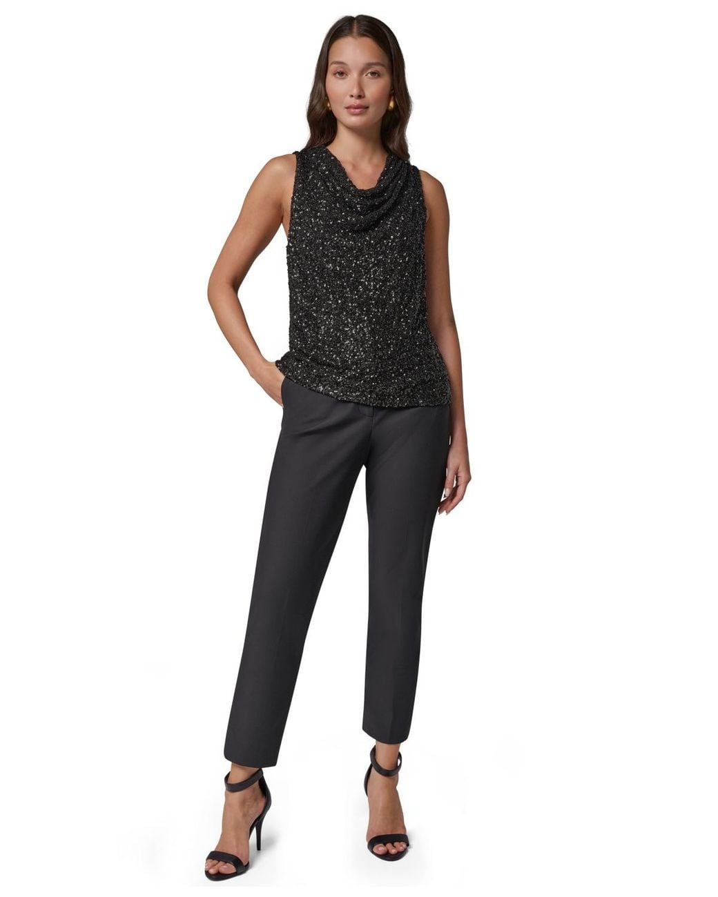 Donna Karan Black Sequin High Cowl Top