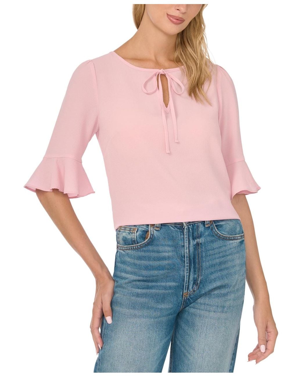 Cece Red Split Tie Neck Ruffle Cuff 3/4-sleeve Top