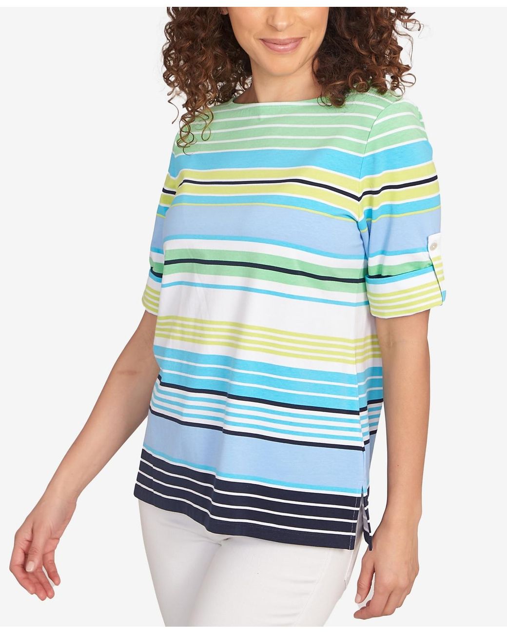 Ruby Rd Blue Top Ruby Rd. Petite Multi Stripe Roll Tab Sleeve T Shirt in Blue | Lyst
