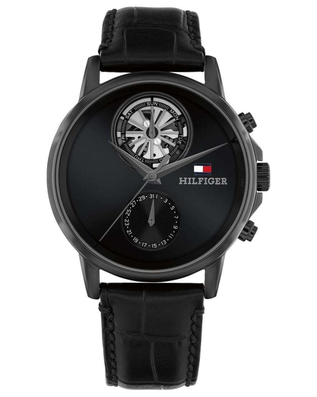 Tommy Hilfiger Black Multifunction Leather Strap Watch for men