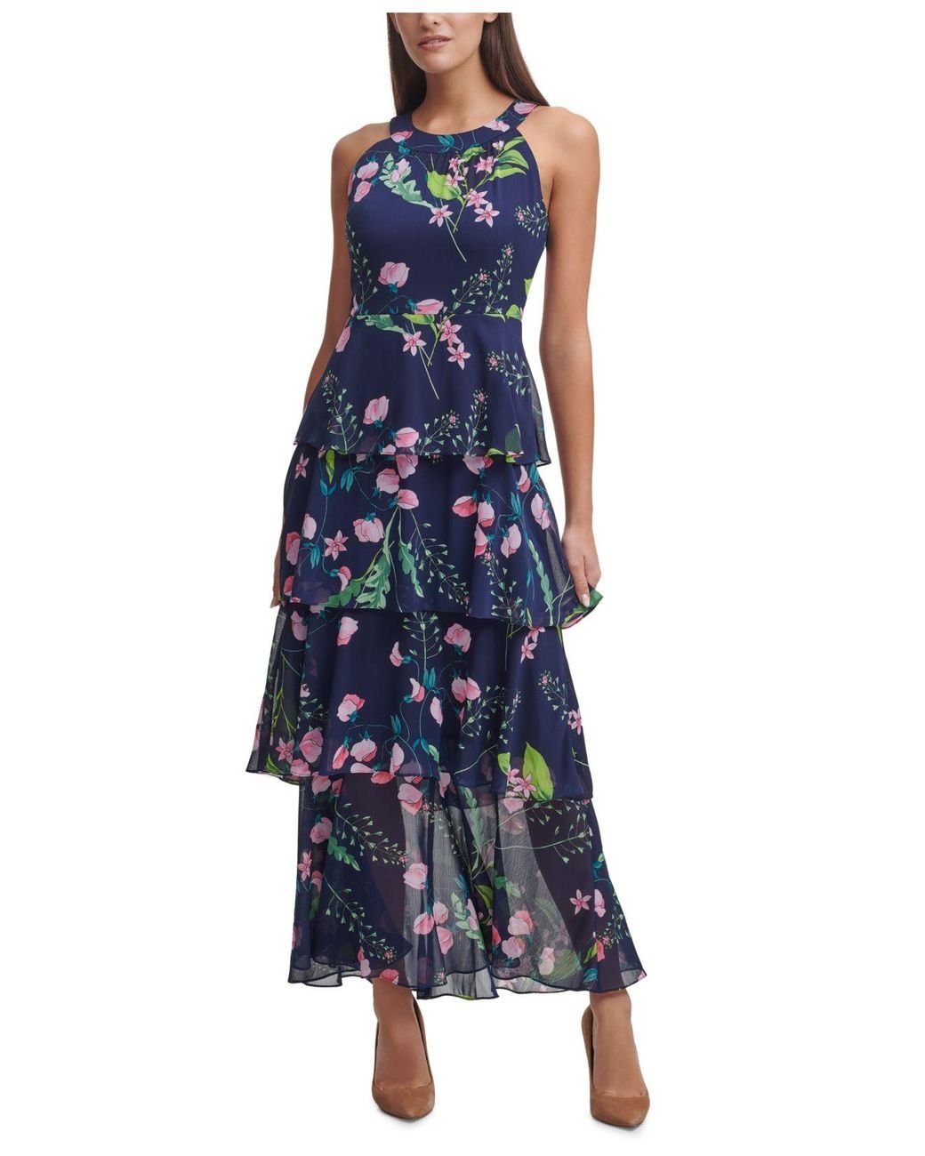 Tommy Hilfiger Chiffon Tiered Halter Maxi Dress in Blue Lyst