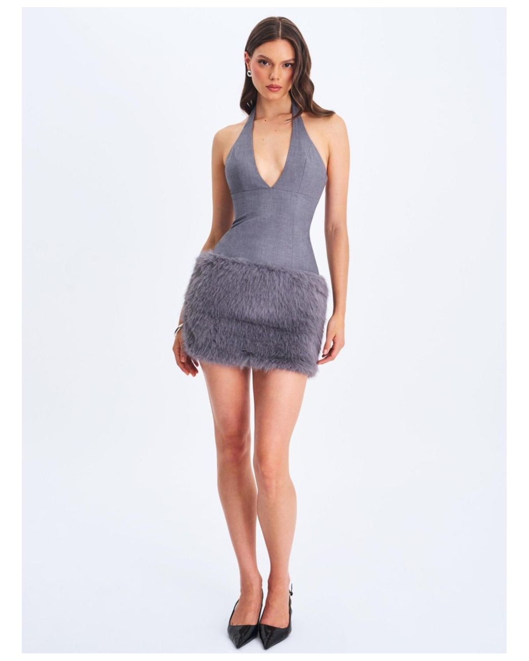 Miss Circle Daisy Drop Waist Fur Trim Halter Mini Dress in Blue | Lyst