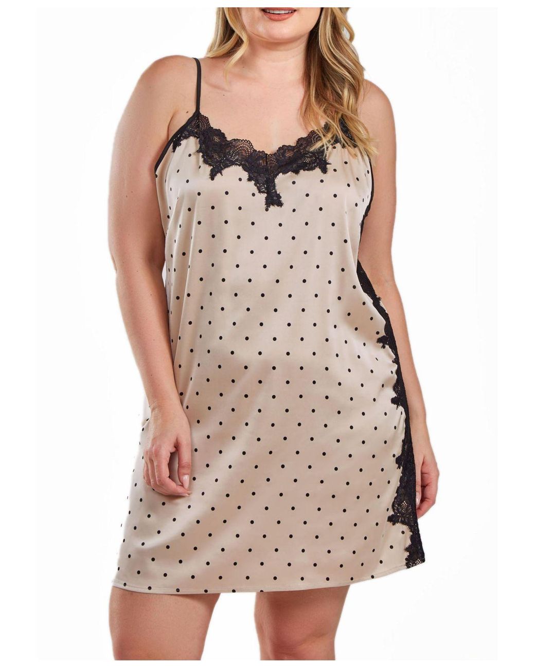 iCollection Kareen Dotted Plus Size Satin Chemise Adorned In Front And Side  Lace in Natural | Lyst