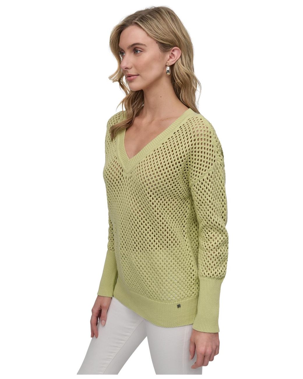 DKNY Cotton Open-knit V-neck Sweater in Green | Lyst