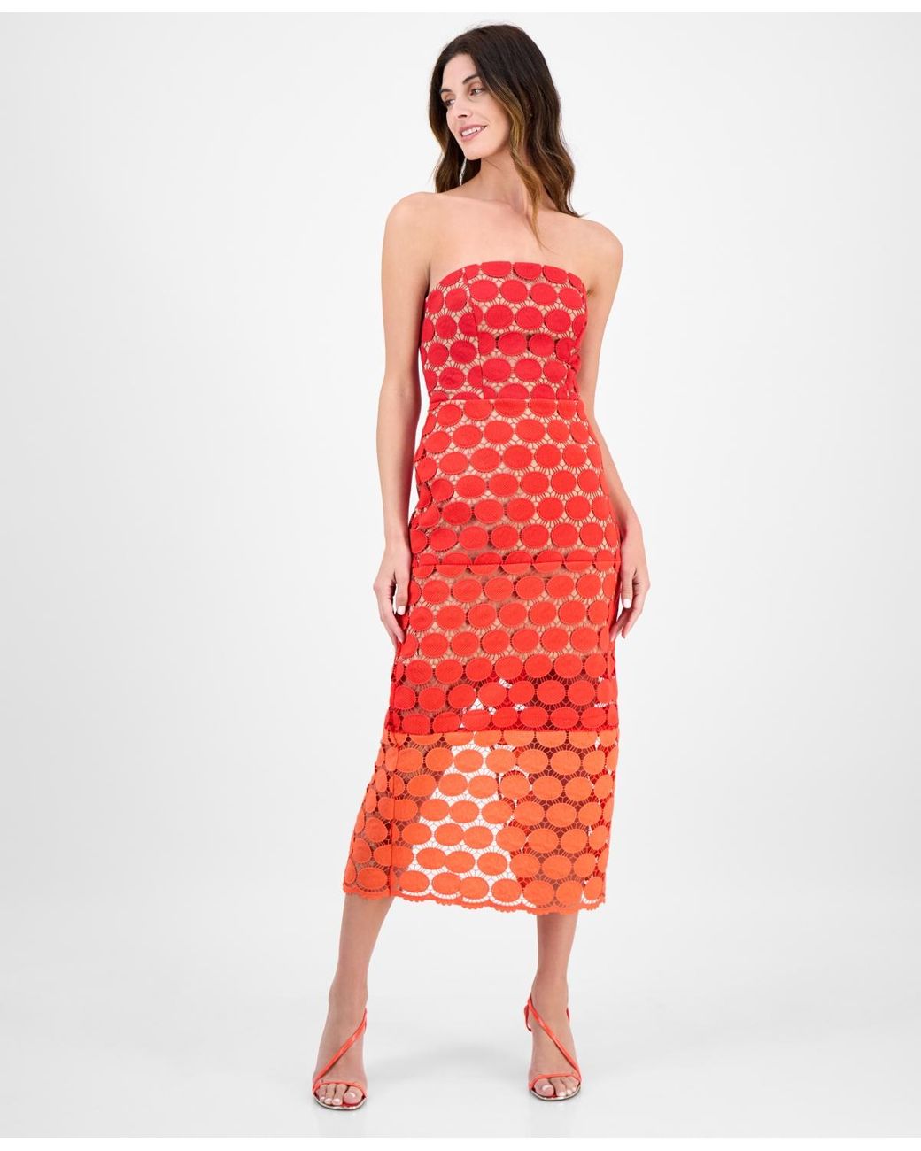Sam Edelman Dotted Lace Strapless Midi Dress in Red | Lyst
