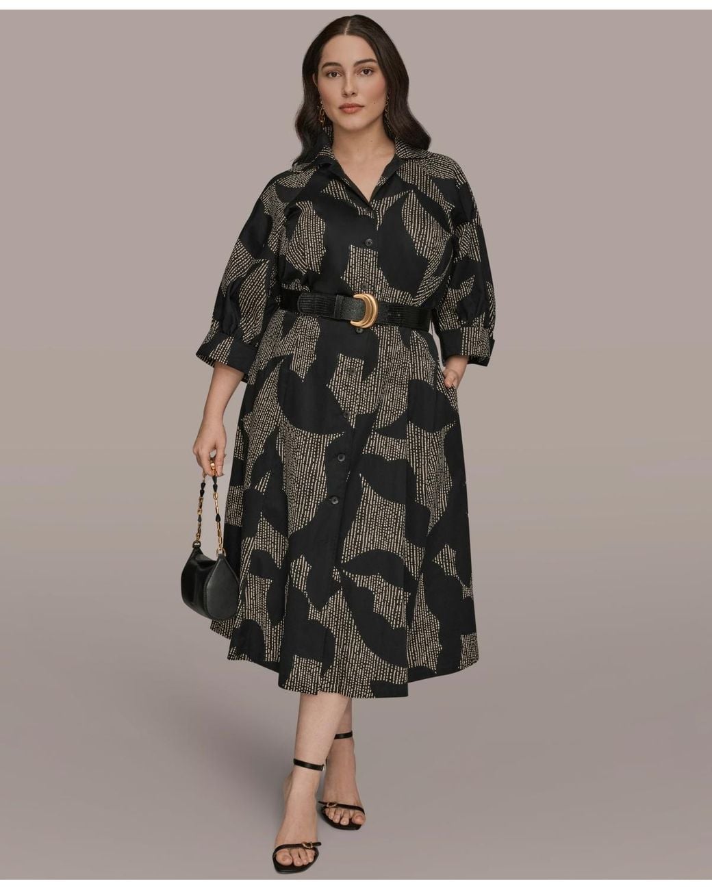Donna Karan Plus Size Belted Shirt Dress in Brown | Lyst