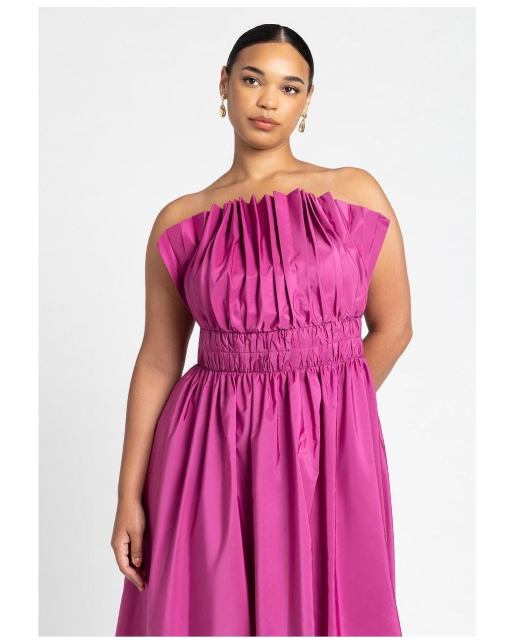 Eloquii Plus Size Pleated Ruffle Neckline Midi Dress in Pink | Lyst