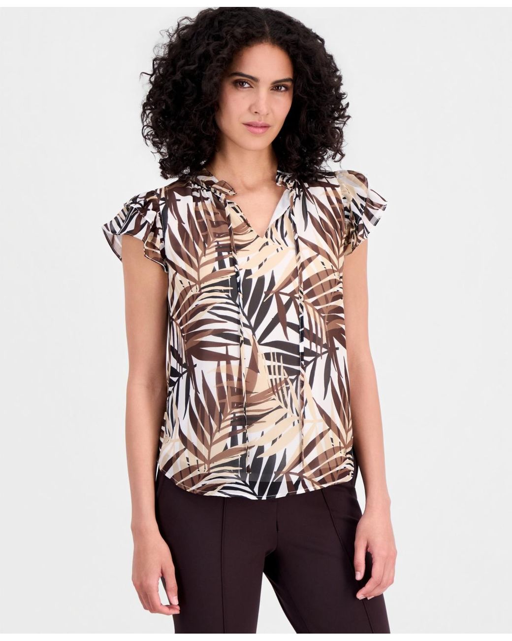Anne Klein White Palm-print Flutter-sleeve Split-neck Top
