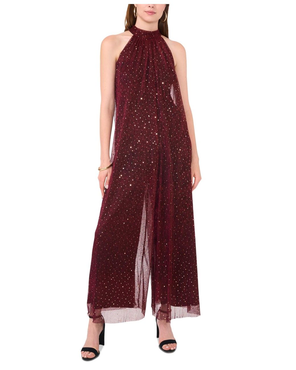 Msk Metallic & Mesh Halter-neck Wide-leg Jumpsuit in Red | Lyst