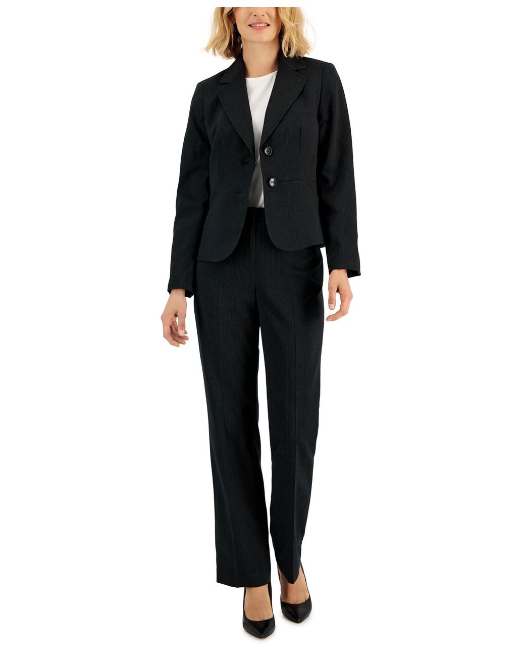 Le Suit Black Two-button Pinstriped Pantsuit Set
