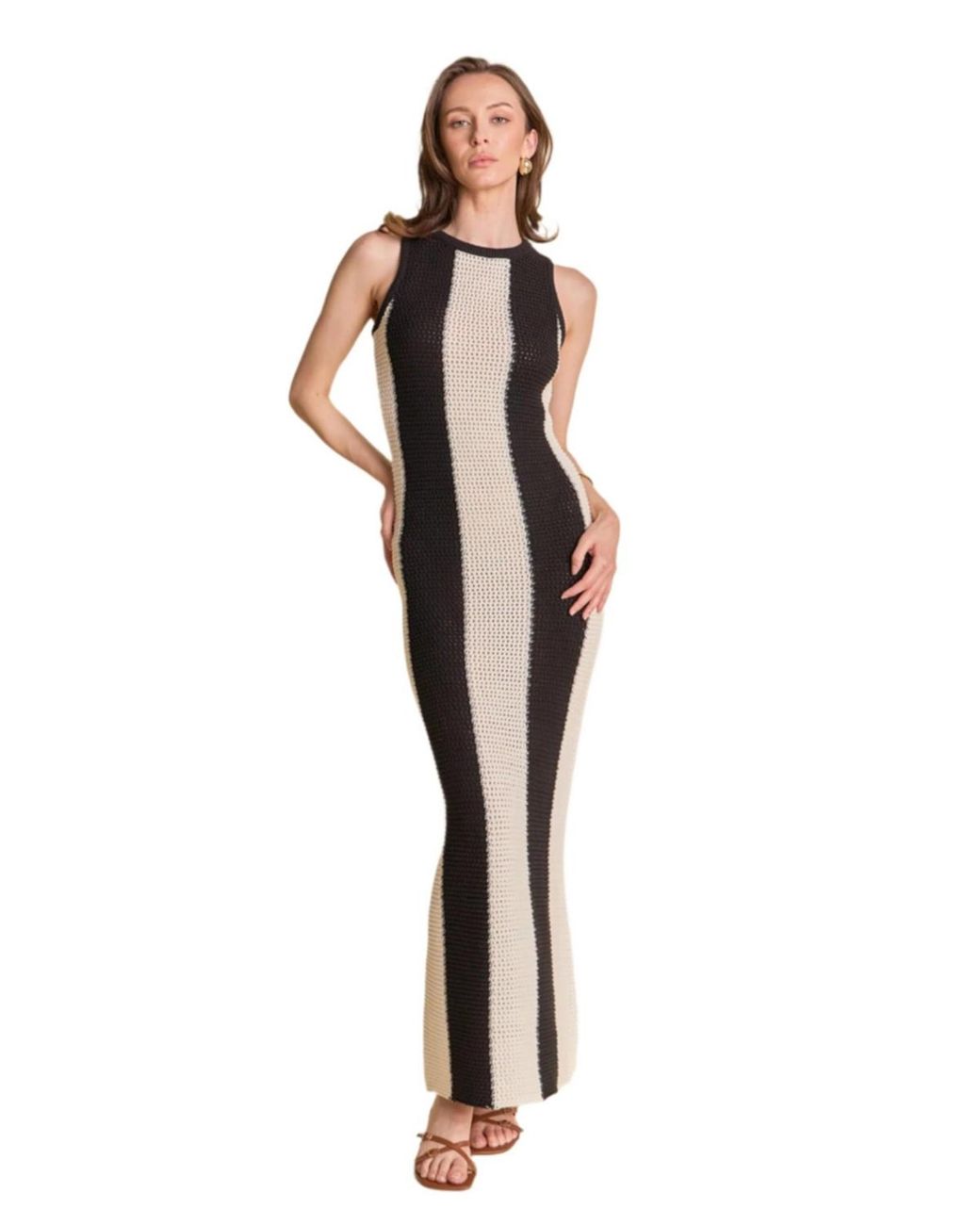 slim fit dress slacks Black And White Striped Short Sleeve Ribbed Midi Dress – AX Paris main image 1