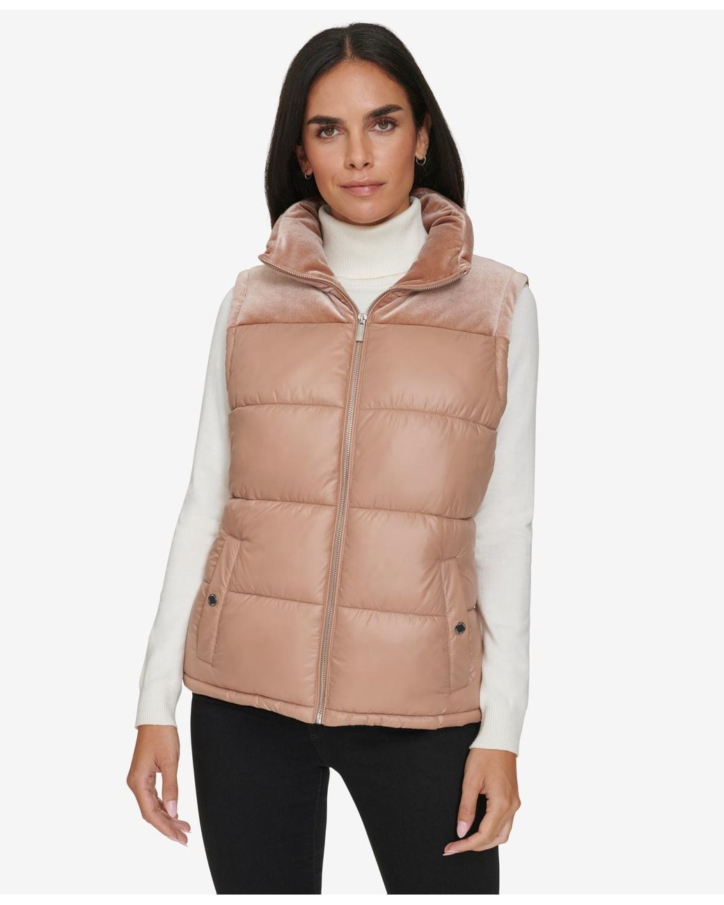 Calvin Klein Velvet Trim Puffer Vest in Natural Lyst