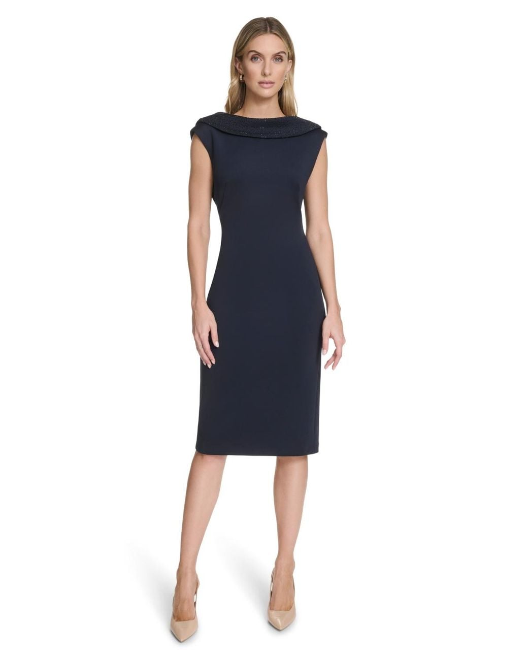 Calvin Klein Beaded Sheath Midi Dress in Blue