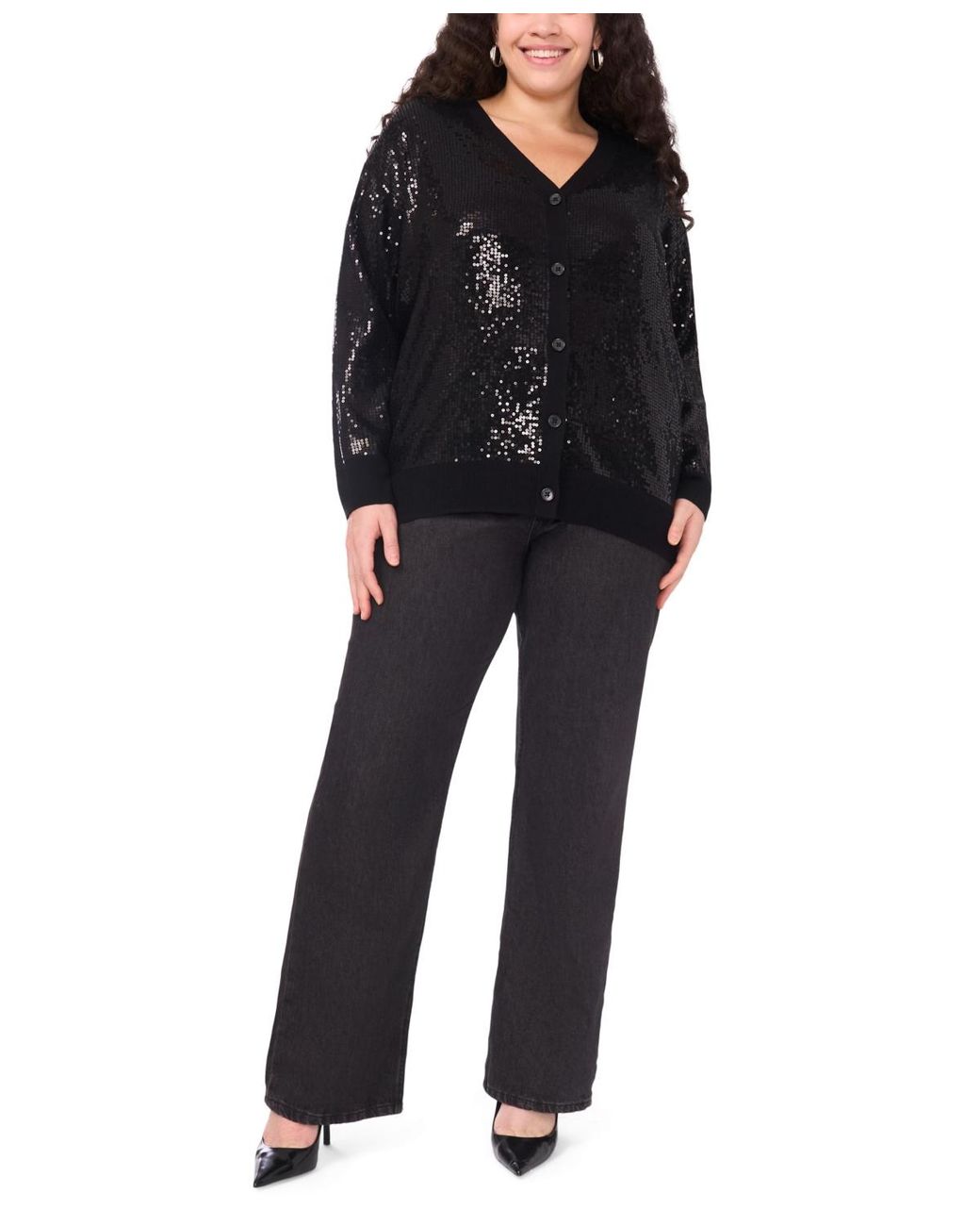 Vince Camuto Black Plus Size Sequined V-neck Cardigan Sweater