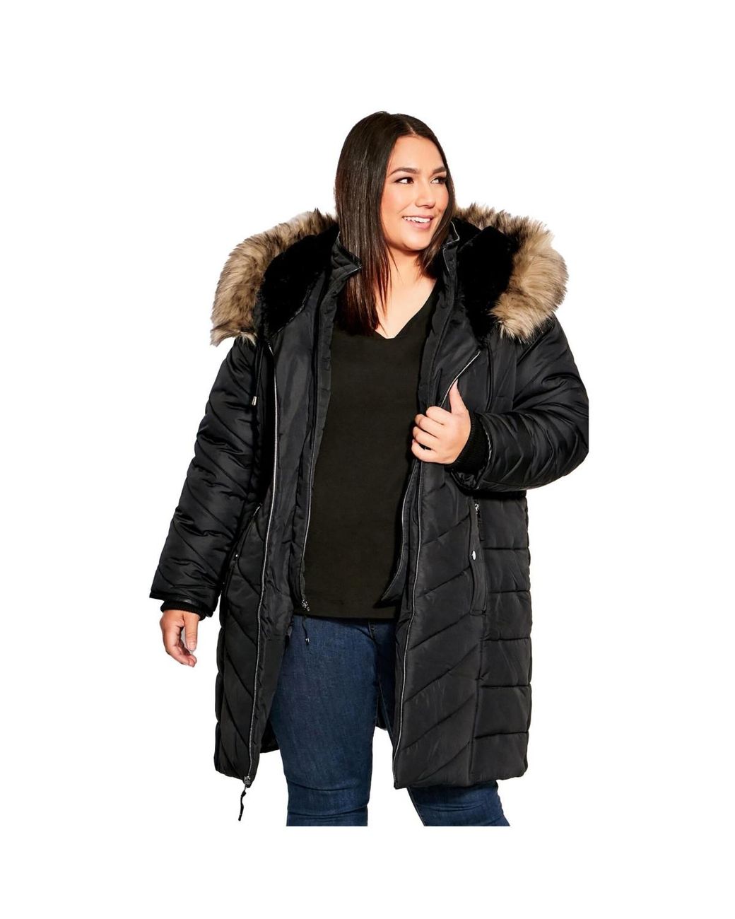 Avenue Black Chevron Long Puffer Coat