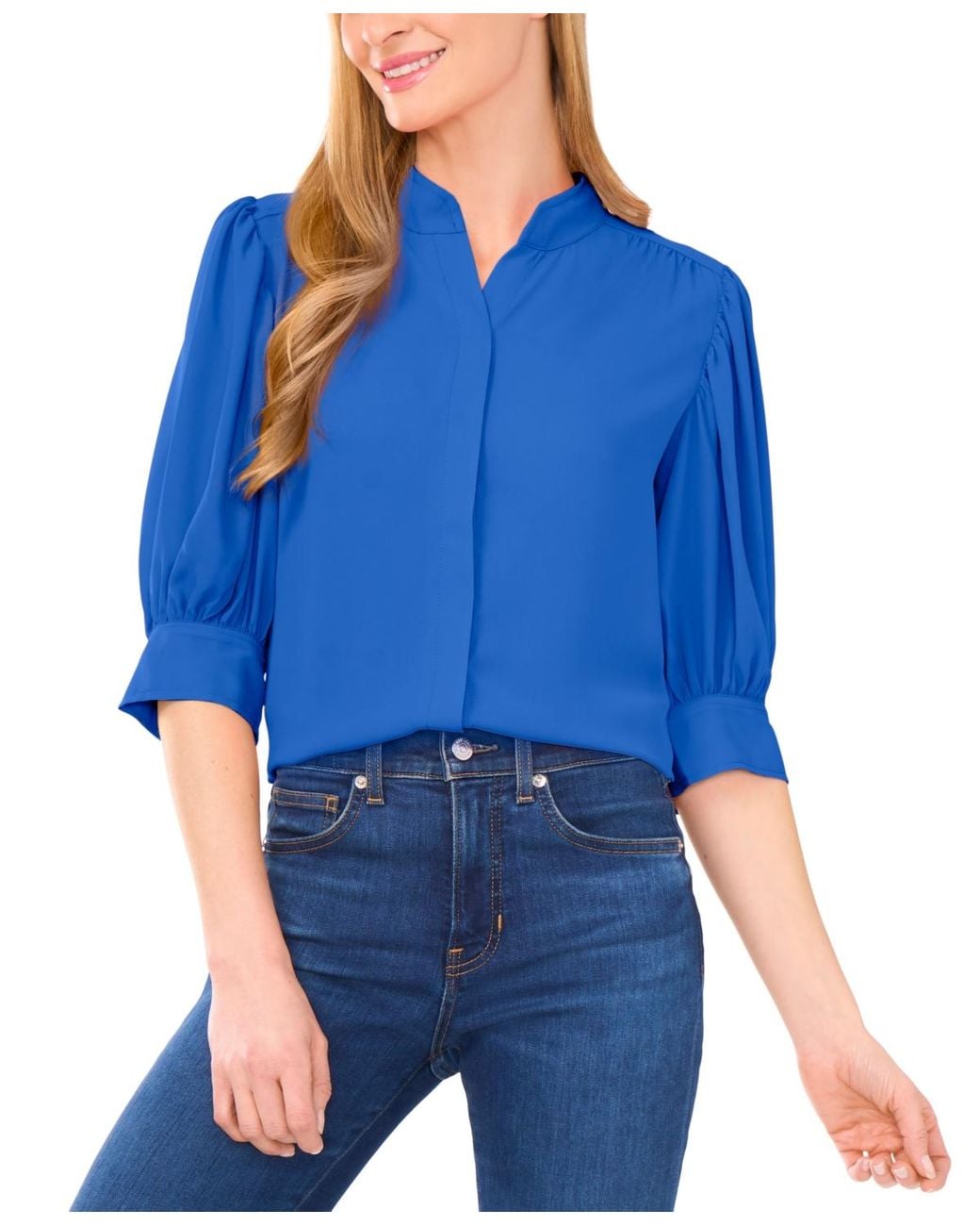 Cece Blue 3/4-sleeve Collared Button Down Top