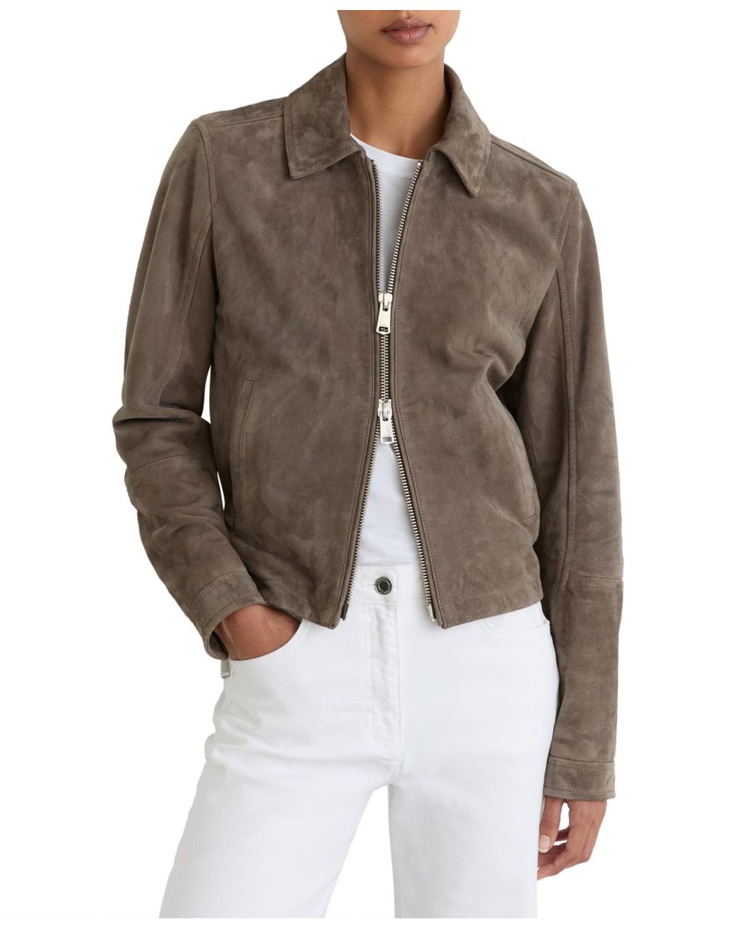 Reiss Brown Suede Zip-through Moto Jacket