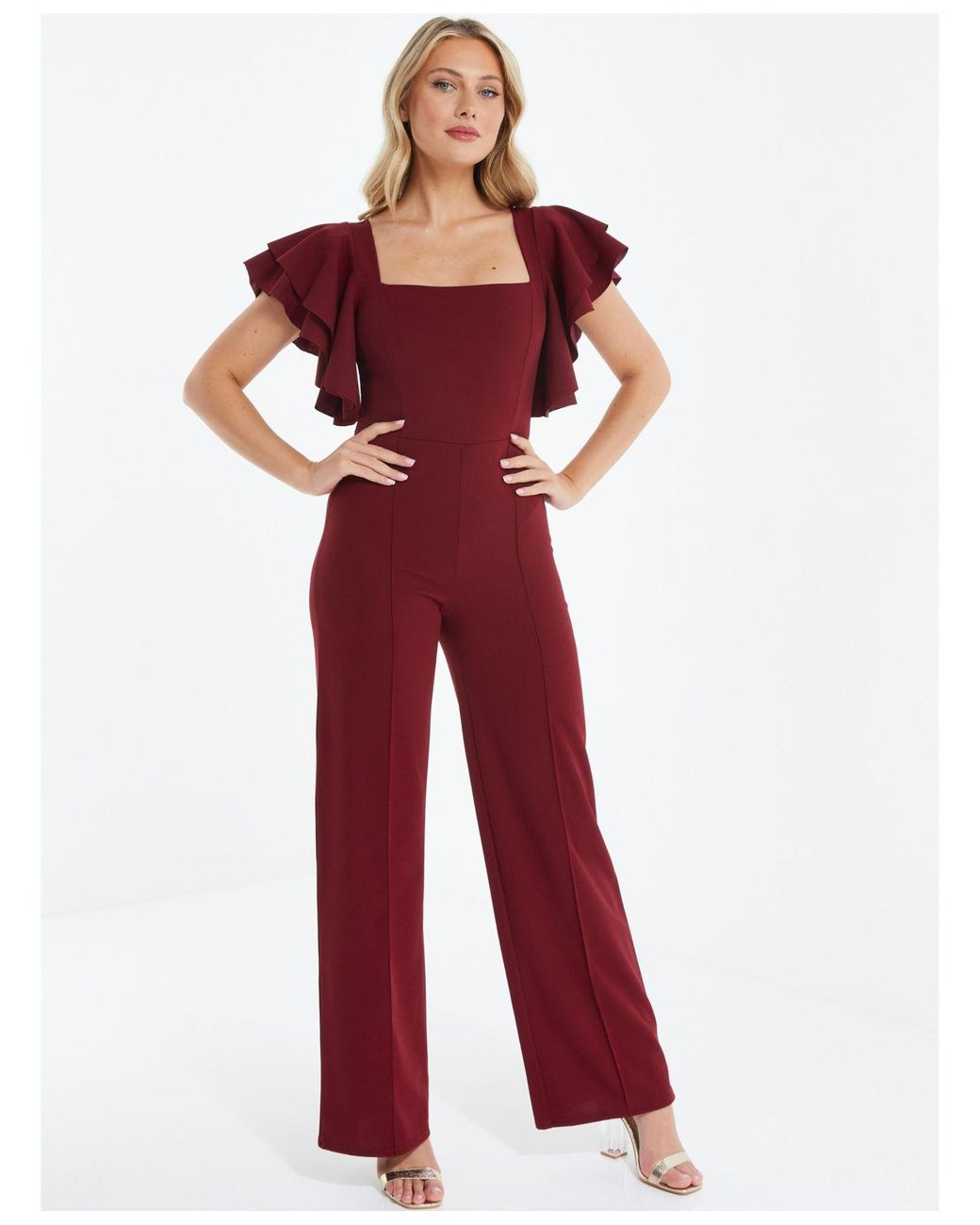 Quiz Square Neck Frill Palazzo Jumpsuit in Red | Lyst