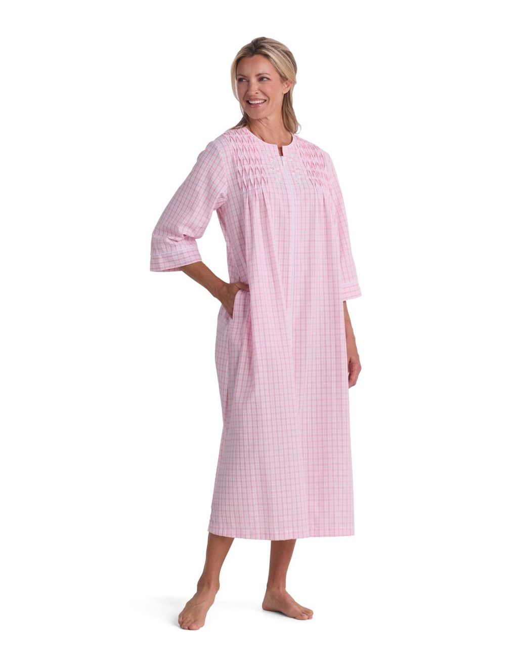 Miss Elaine Window Pane Printed Long Zip Robe in Pink | Lyst