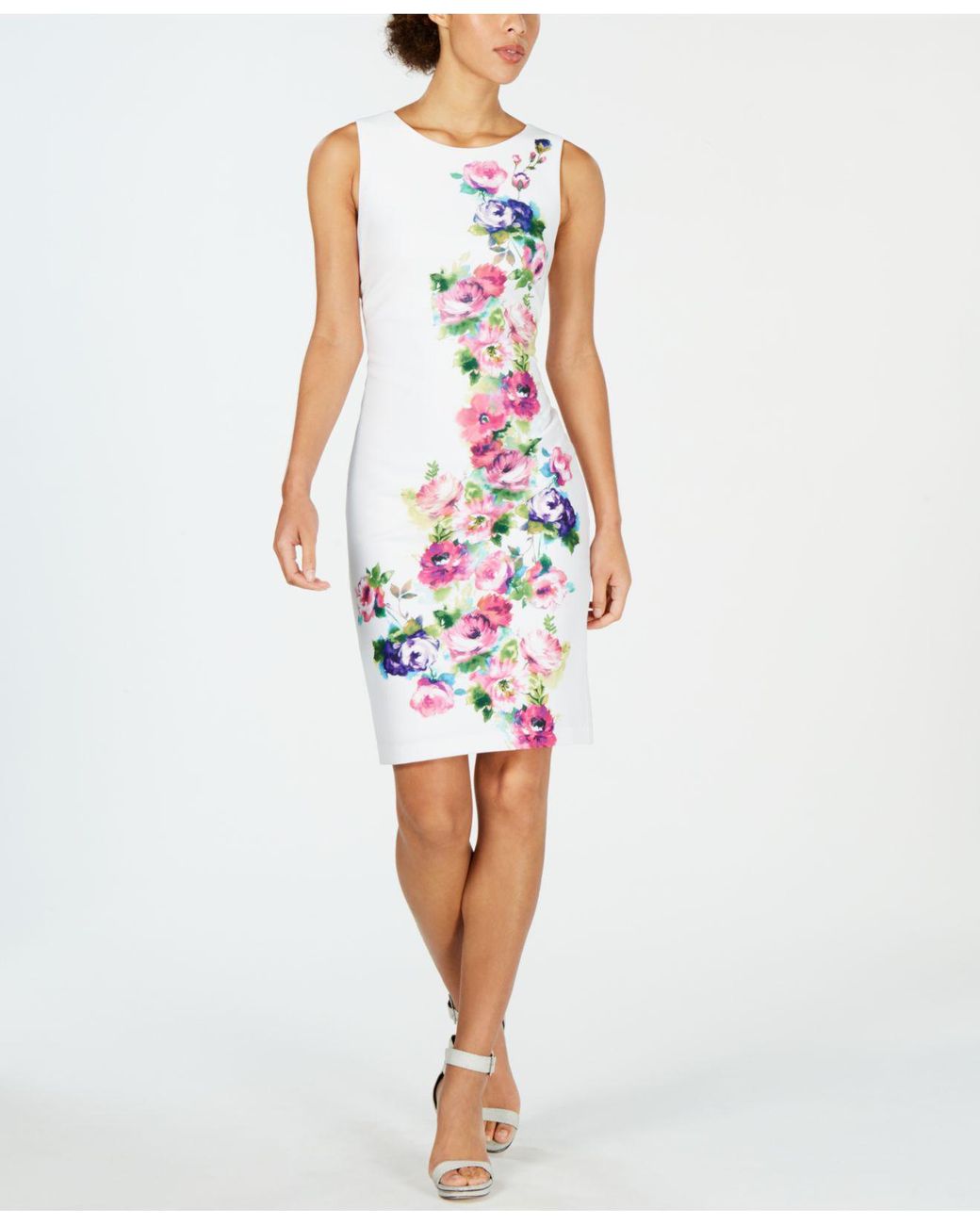 Calvin Klein Tropical-print Fit & Flare Halter Dress in White