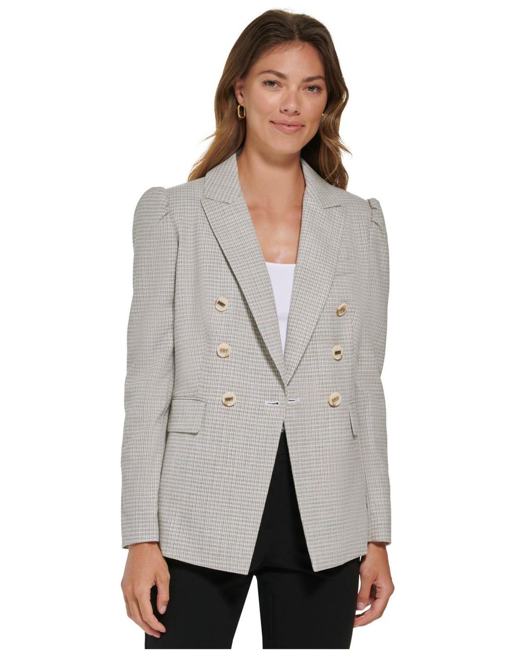DKNY Puffsleeve Double Breasted Plaid Blazer in Gray Lyst