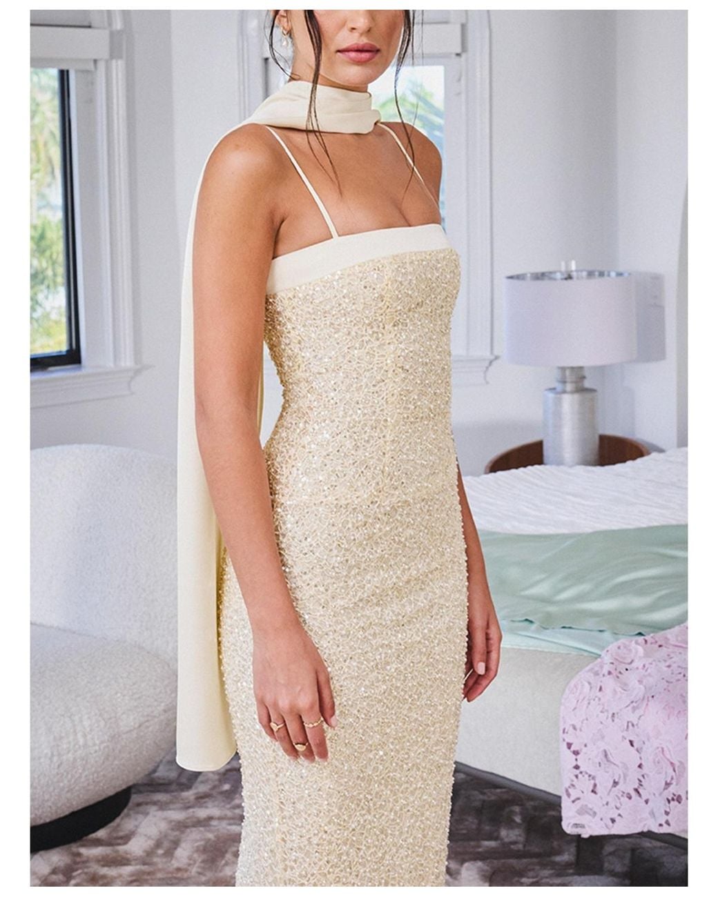 miss circle gold dress Raizel Beaded Sequin Bodycon Gown in Natural elegant occasion dress