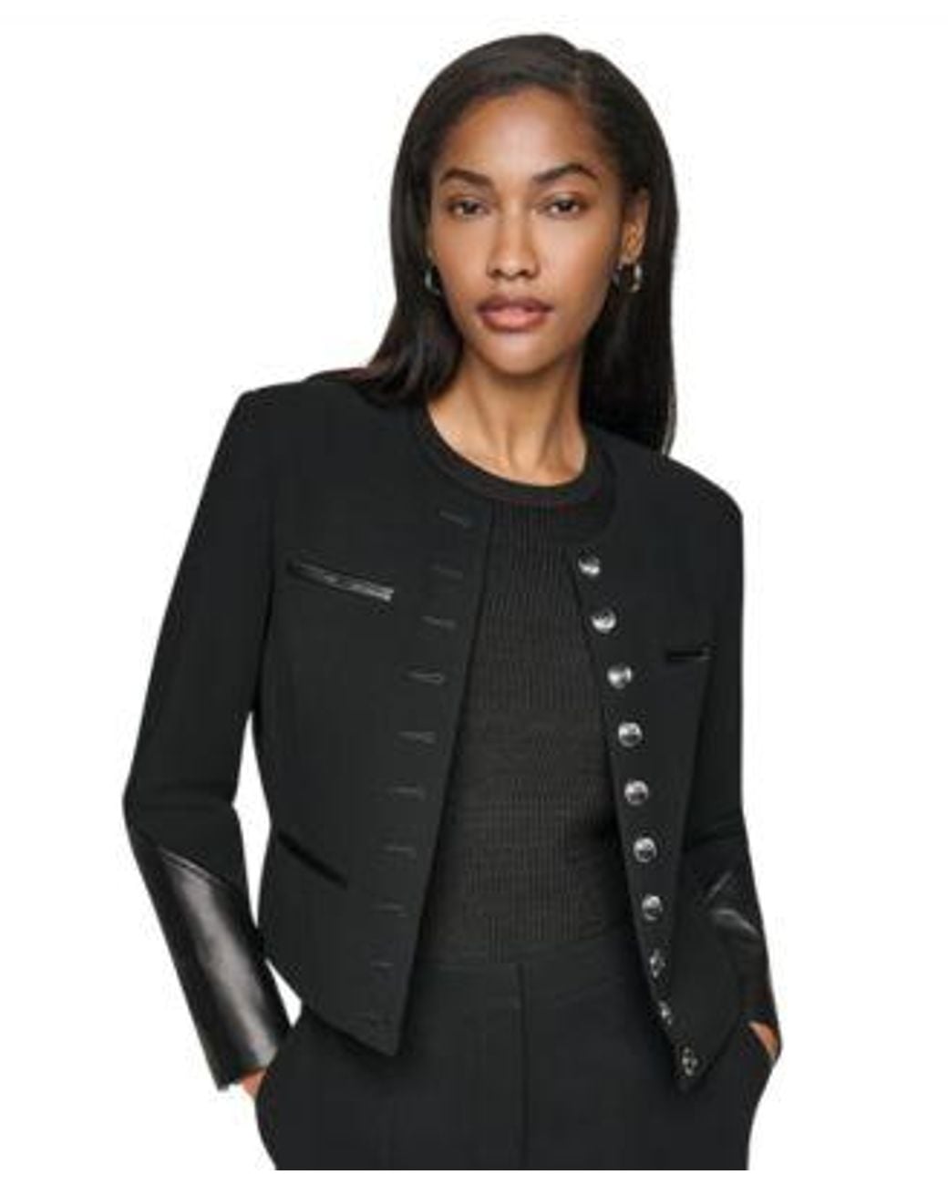 DKNY Black Cropped Collarless Long Sleeve Jacket