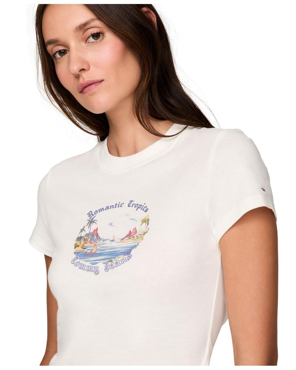売れ筋商品|||トミーヒルフィガー カットソー トップス レディース Women's Cotton Slim Fit Tropics Graphic Tee Ecru Tommy Hilfiger Cotton Slim Fit Tropics Graphic Tee in White