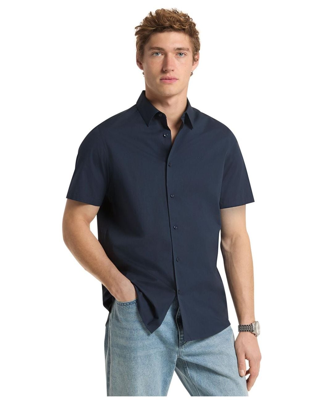 Michael Kors Blue Solid Stretch Button-front Shirt for men