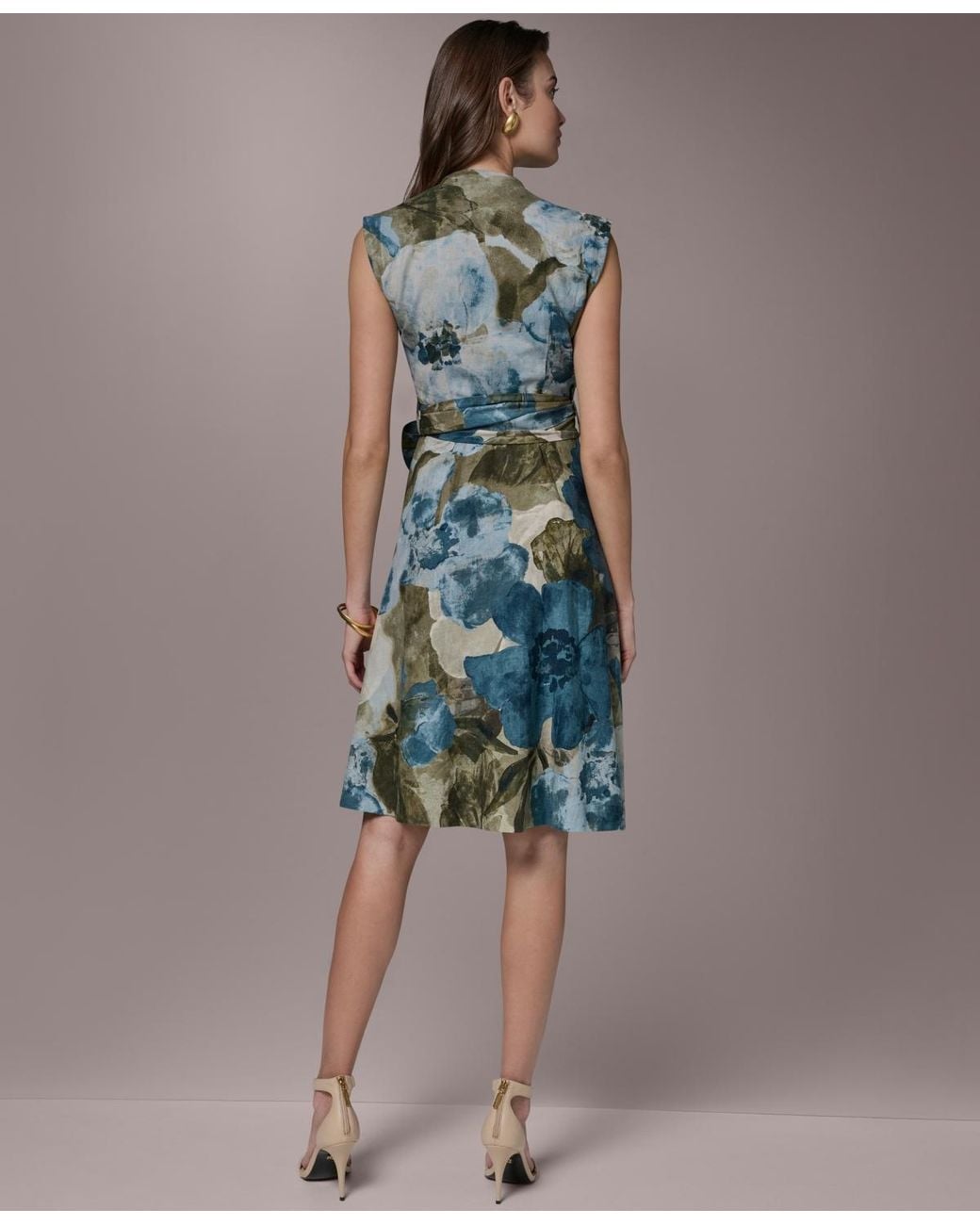 Donna Karan Blue Sleeveless Floral Faux Wrap A-line Dress